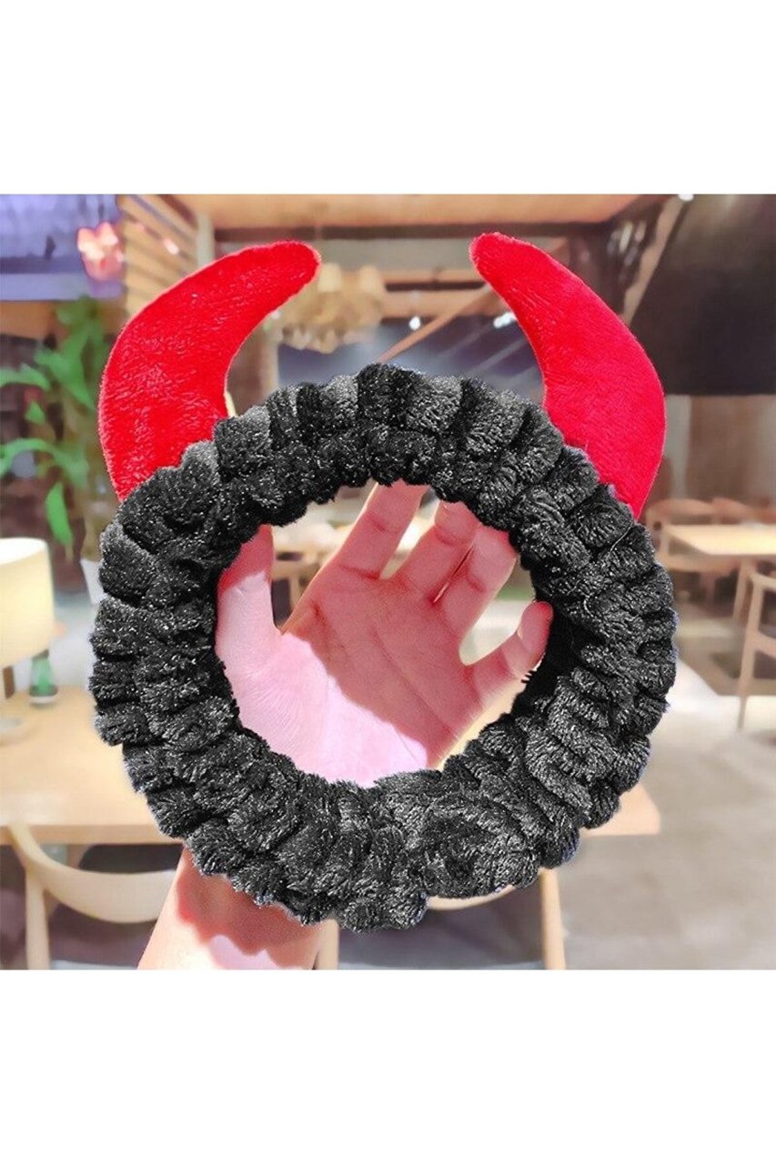 Sevimli Boynuz Saç Bandı Peluş Saç Bandana Siyah