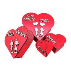 Ahşap Kalpli Kutu 4 lü Kalp Hediye Kutusu