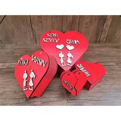 Ahşap Kalpli Kutu 4 lü Kalp Hediye Kutusu