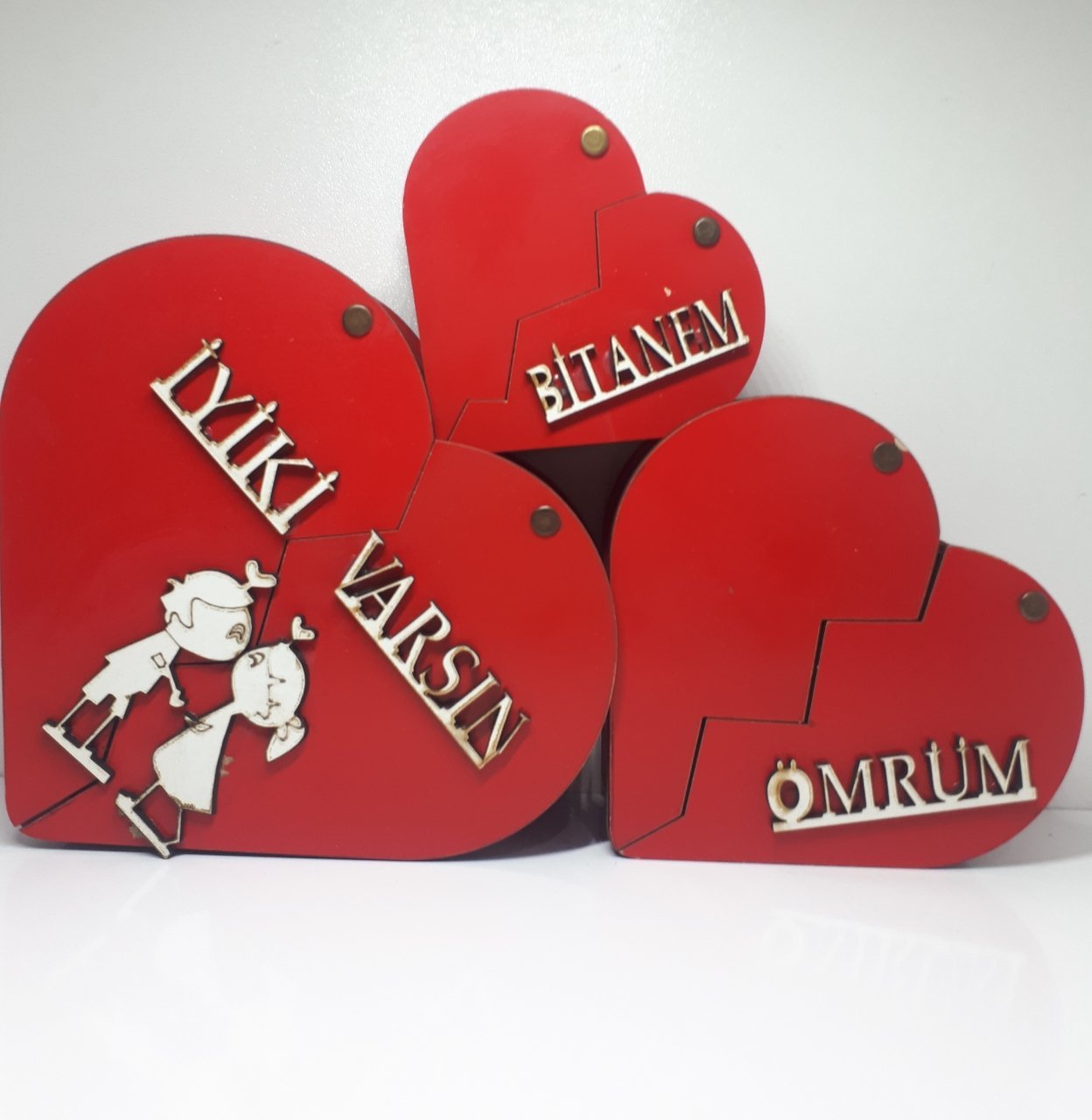 Ahşap Kalpli Kutu 3 lü Kalp Hediye Kutusu