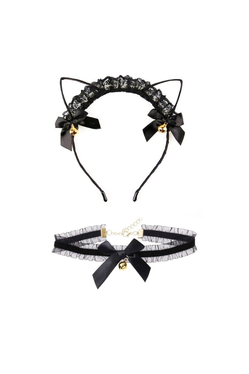 Anime Cosplay Kedi Kulaklı Siyah Taç Çanlı Kedi Kulak Taç Ve Choker Zilli Tasma Kolye Set