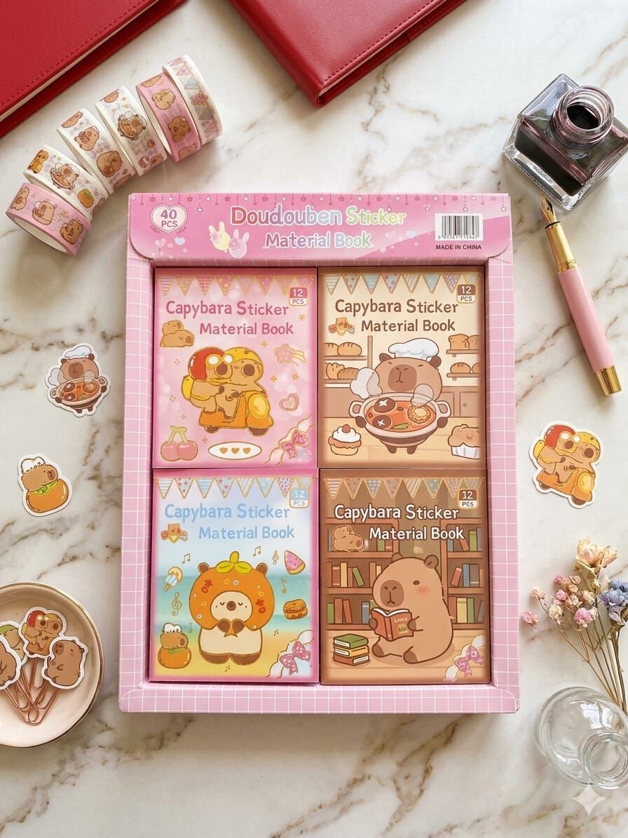 Capybara Kawaii Sticker Kitabı – 48 Sayfa Dekoratif Çıkartma Seti