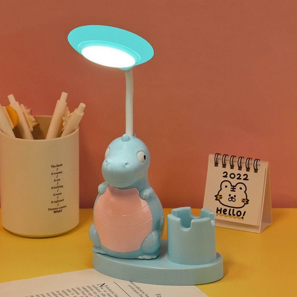 Mavi Dinozor Masa Lambası Led Işıklı Çift Foksiyonlu Masa ve Gece Lambası Kalemlikli Açacaklı