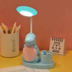 Mavi Dinozor Masa Lambası Led Işıklı Çift Foksiyonlu Masa ve Gece Lambası Kalemlikli Açacaklı