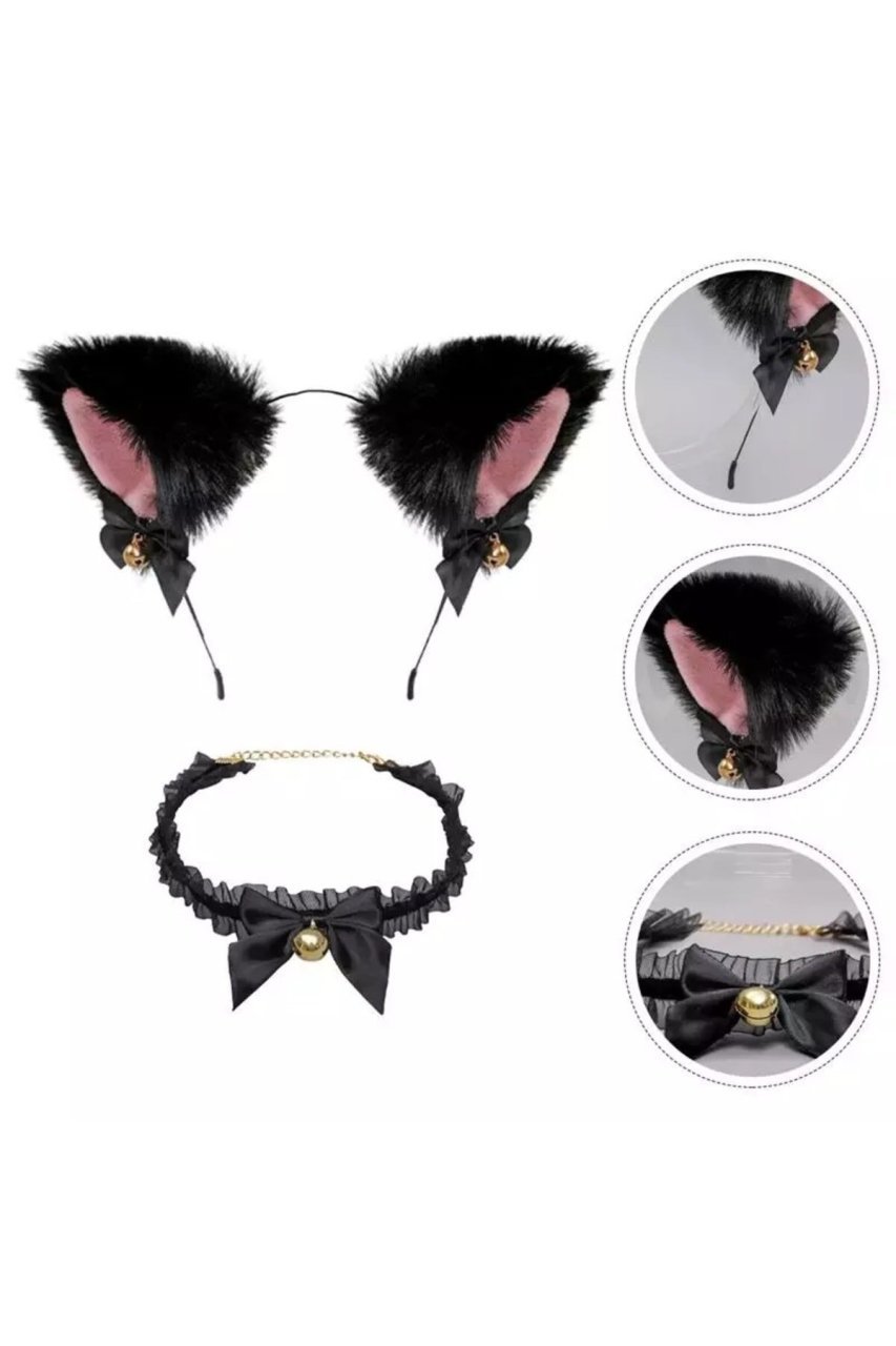 Cosplay Anime Kedi Kulaklı Çanlı Taç Çanlı Gothic Dantelli Tasma Seti