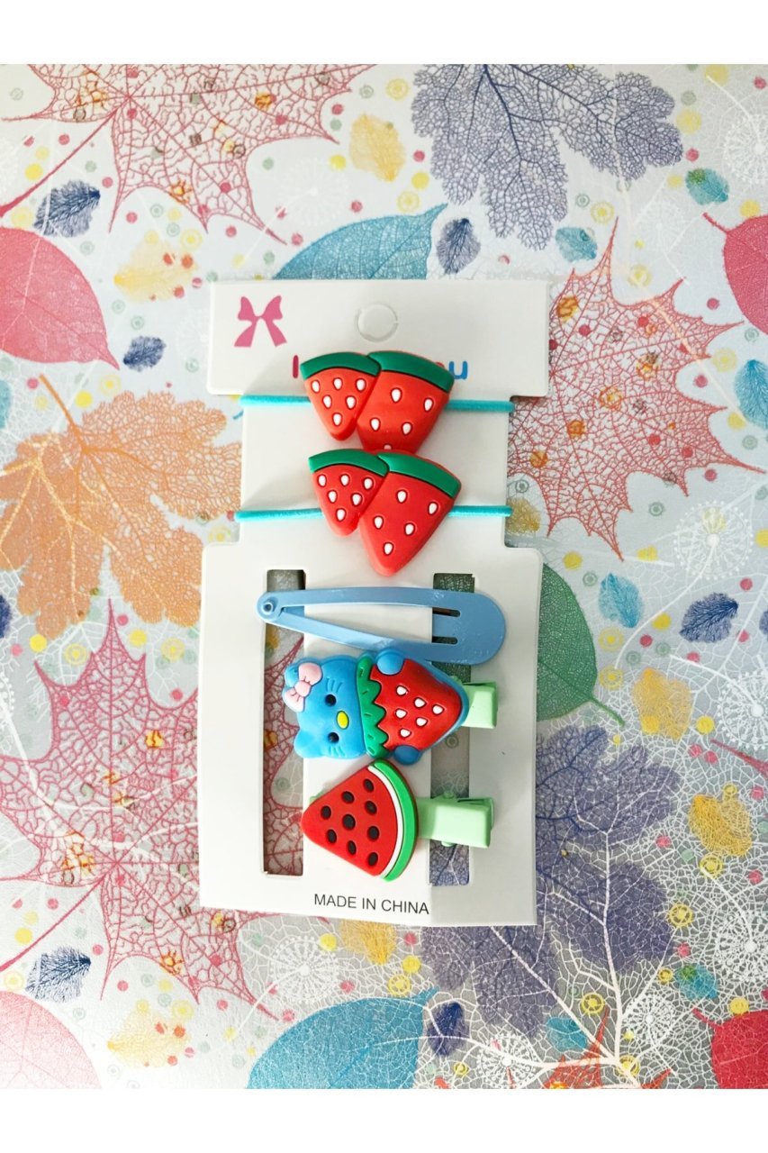 Çilek Tasarımlı Lastik Klips Ve Çıtçıt Silikon Toka Seti 5'li