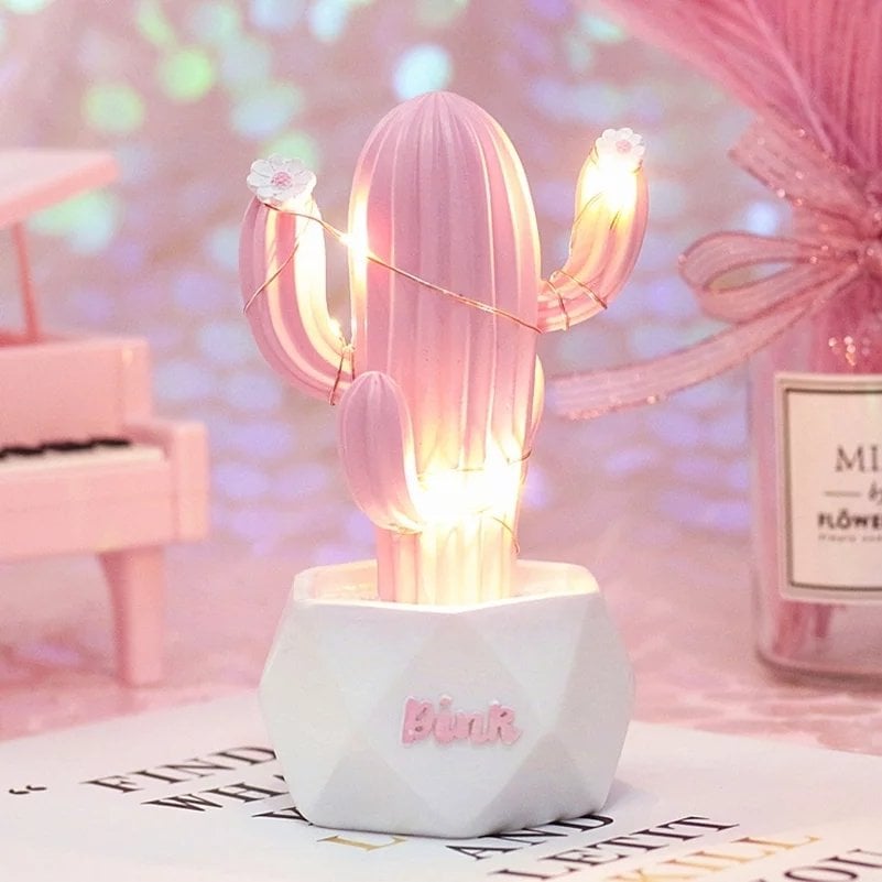 Işıklı Pembe Kaktüs Tasarım Biblo