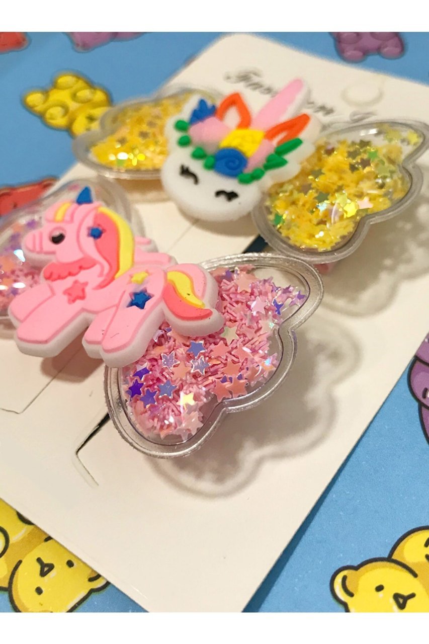Unicorn Şeffaf İçi Pul Dolgulu Pullu Metal Pensli Fiyonk Toka Seti 2'li