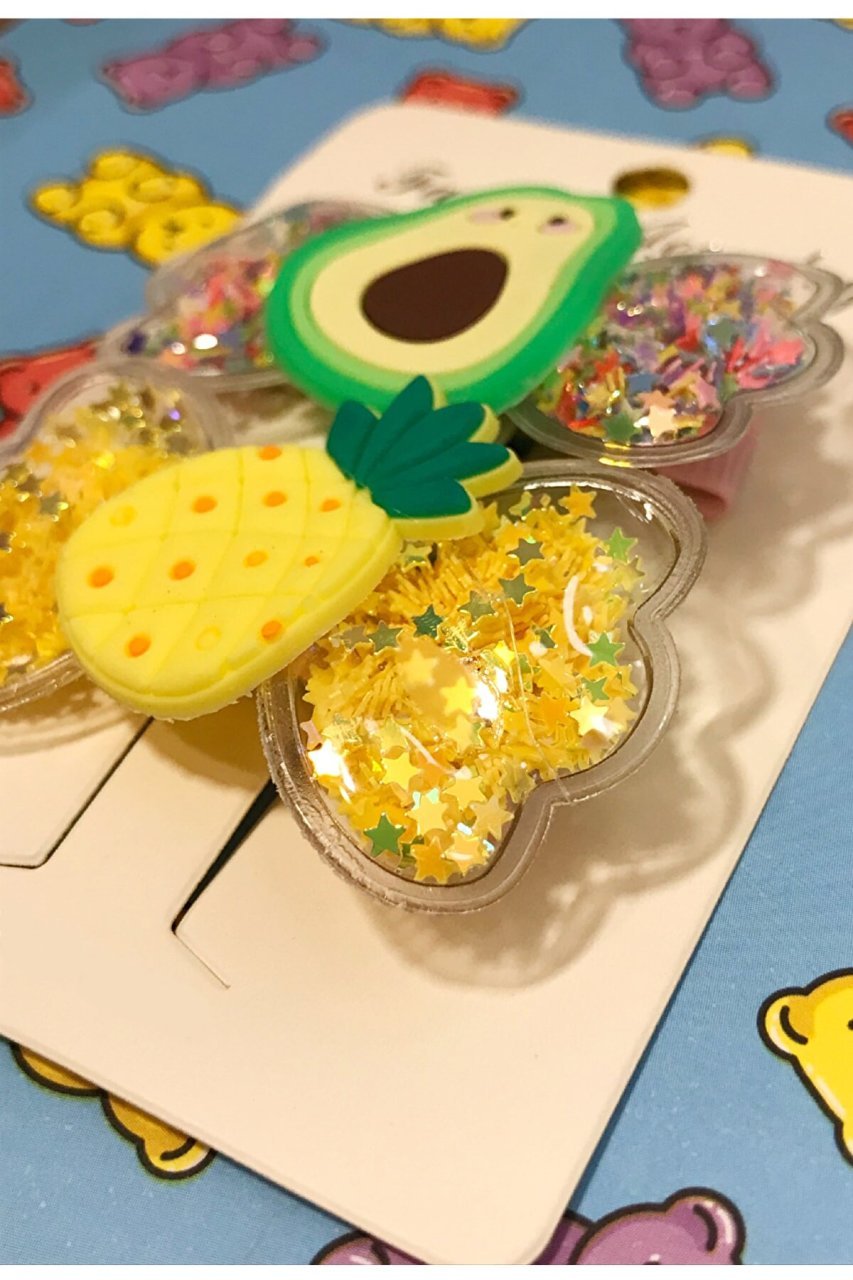 Avokado Ananas Şeffaf İçi Pul Dolgulu Pullu Metal Pensli Fiyonk Toka Seti 2'li
