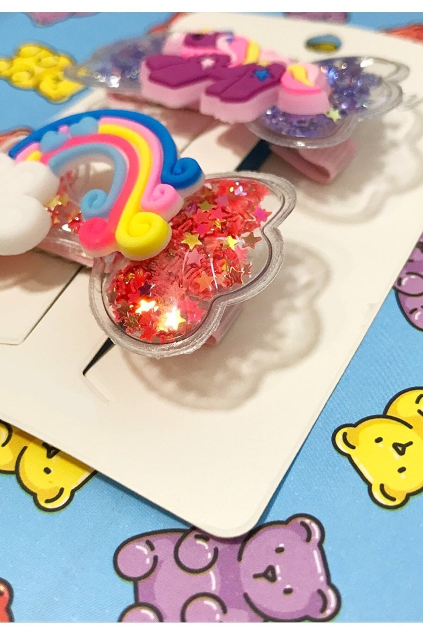 Unicorn Gökkuşağı Şeffaf İçi Pul Dolgulu Pullu Metal Pensli Fiyonk Toka Seti 2'li