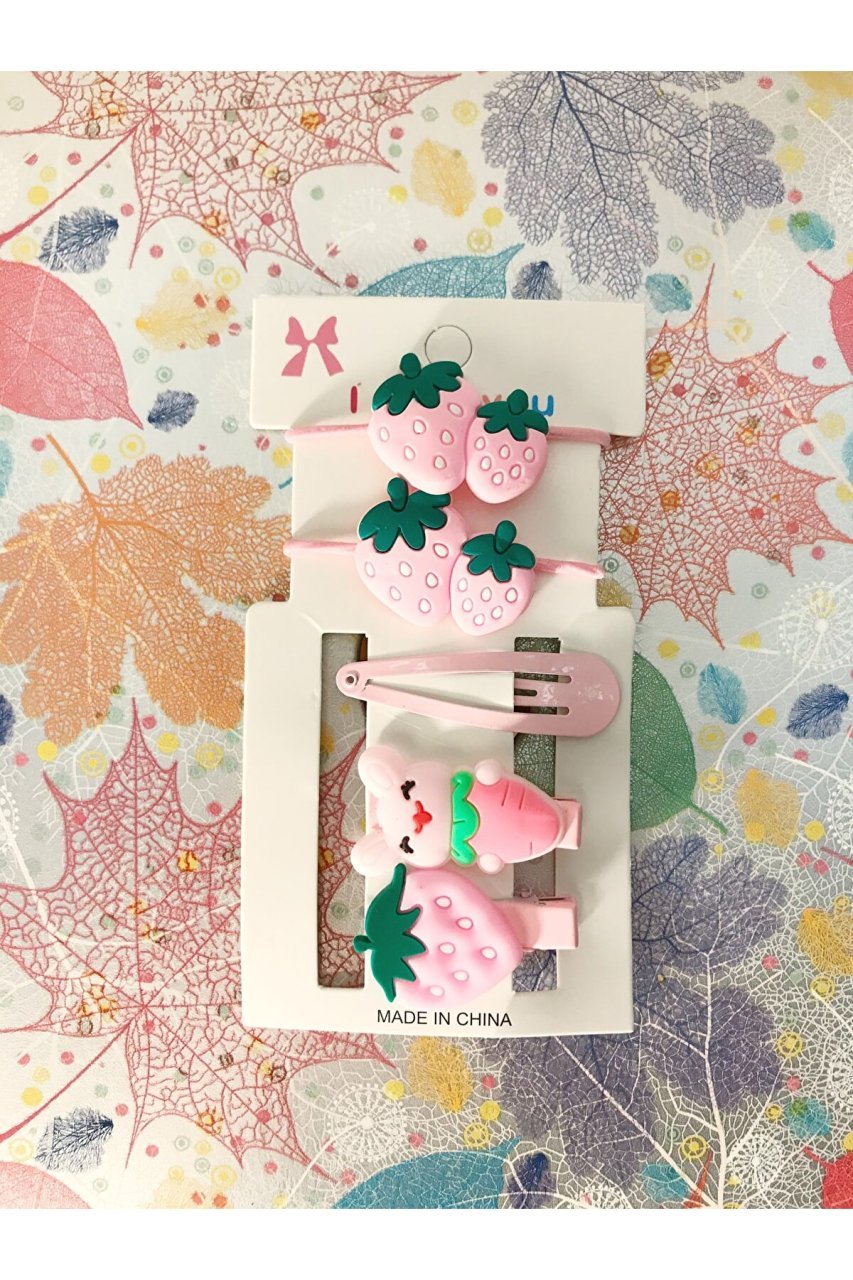Pembe Çilek Tasarımlı Lastik Klips Ve Çıtçıt Silikon Toka Seti 5'li