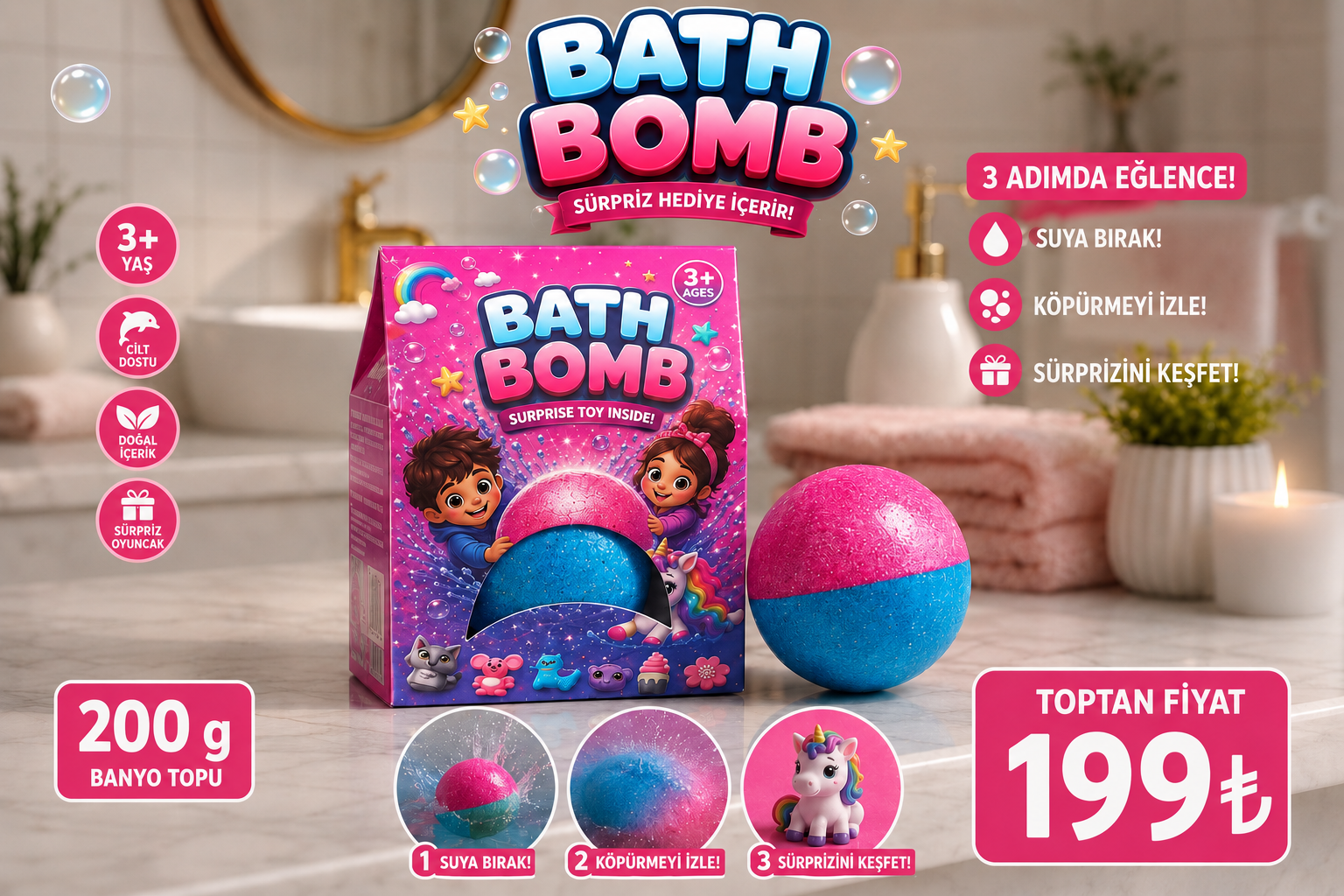 Sürpriz Oyuncaklı Banyo Topu 200g – Bath Bomb
