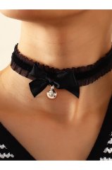 Dantelli Gri Çanlı Choker Kolye