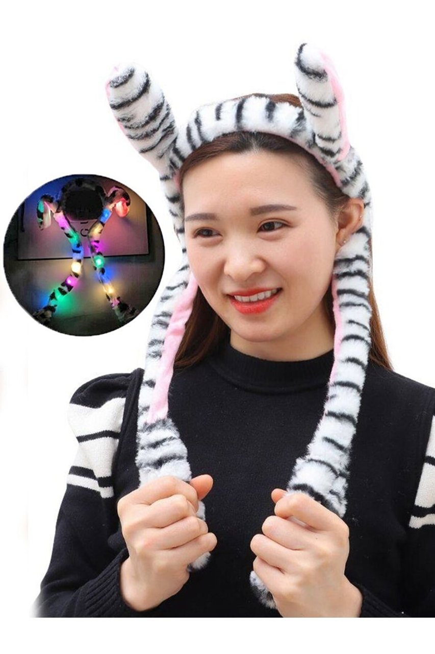 Beyaz Zebra Işıklı Hareketli Kulakları Kalkan Şapka