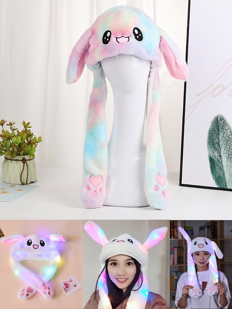 Işıklı Kulakları Kalkan Tavşan Peluş Şapka Beyaz