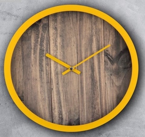 Meşe Baskılı Duvar Saati Sarı