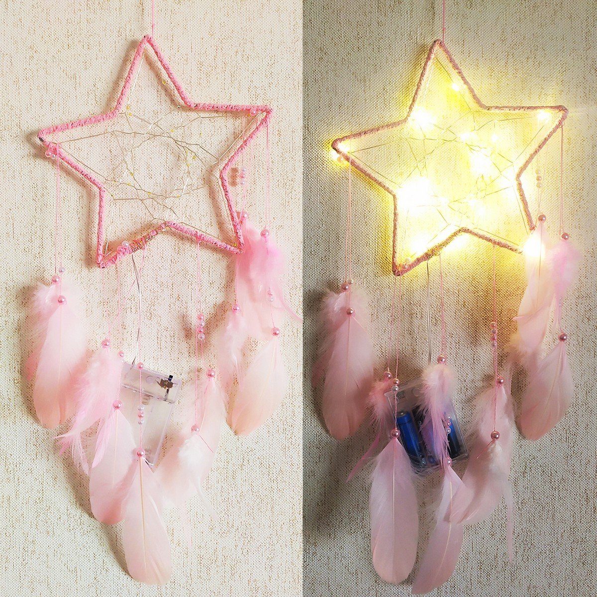 Pembe Yıldız İncili Tüylü Işıklı Düş Kapanı Dream Catcher