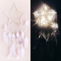 Beyaz Yıldız İncili Tüylü Işıklı Düş Kapanı Dream Catcher