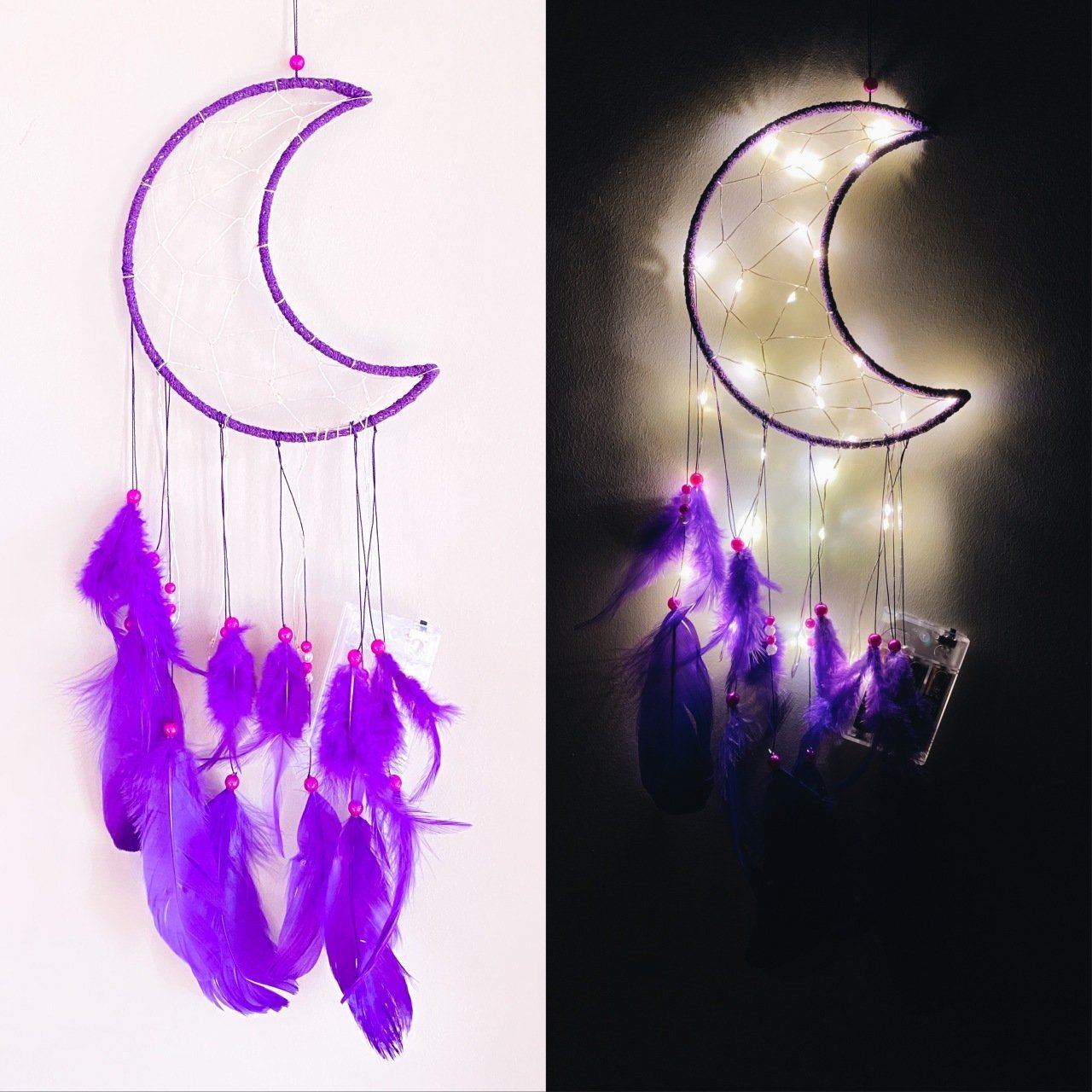 Ay İncili Tüylü Işıklı Düş Kapanı Dream Catcher