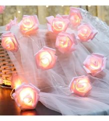 Dekoratif Led Işıklı Pembe Güller 10 lu 2 Metre Şerit Lamba