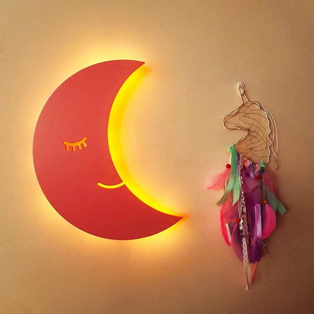 Led Işıklı Ahşap Pembe Ay Duvar Lambası Pano
