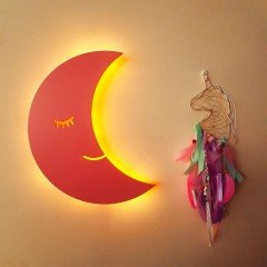 Led Işıklı Ahşap Pembe Ay Duvar Lambası Pano