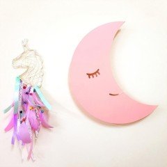 Led Işıklı Ahşap Pembe Ay Duvar Lambası Pano