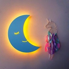Led Işıklı Ahşap Mavi Ay Duvar Lambası Pano