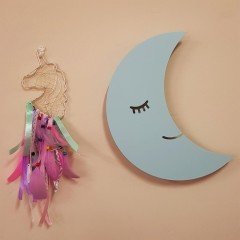 Led Işıklı Ahşap Mavi Ay Duvar Lambası Pano