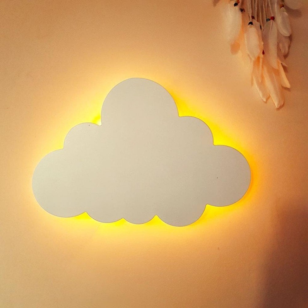 Led Işıklı Ahşap Beyaz Bulut Duvar Lambası Pano