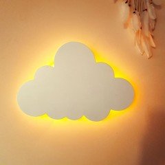 Led Işıklı Ahşap Beyaz Bulut Duvar Lambası Pano