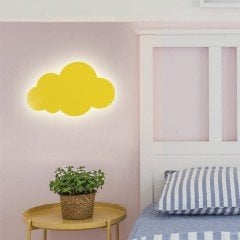 Led Işıklı Ahşap Sarı Bulut Duvar Lambası Pano