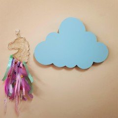 Led Işıklı Ahşap Mavi Bulut Duvar Lambası Pano