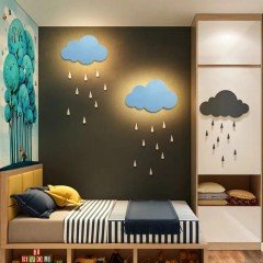 Led Işıklı Ahşap Mavi Bulut Duvar Lambası Pano