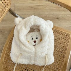 Sevimli Ayı Beyaz Peluş Şapka Peluş Bere Ayıcıklı Şapka Boyunluk Ayarlanabilir Kopçeli