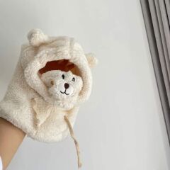 Sevimli Ayı Beyaz Peluş Şapka Peluş Bere Ayıcıklı Şapka Boyunluk Ayarlanabilir Kopçeli