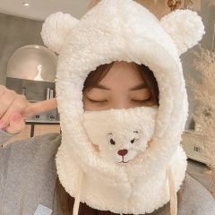 Sevimli Ayı Beyaz Peluş Şapka Peluş Bere Ayıcıklı Şapka Boyunluk Ayarlanabilir Kopçeli