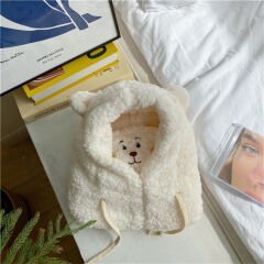 Sevimli Ayı Beyaz Peluş Şapka Peluş Bere Ayıcıklı Şapka Boyunluk Ayarlanabilir Kopçeli
