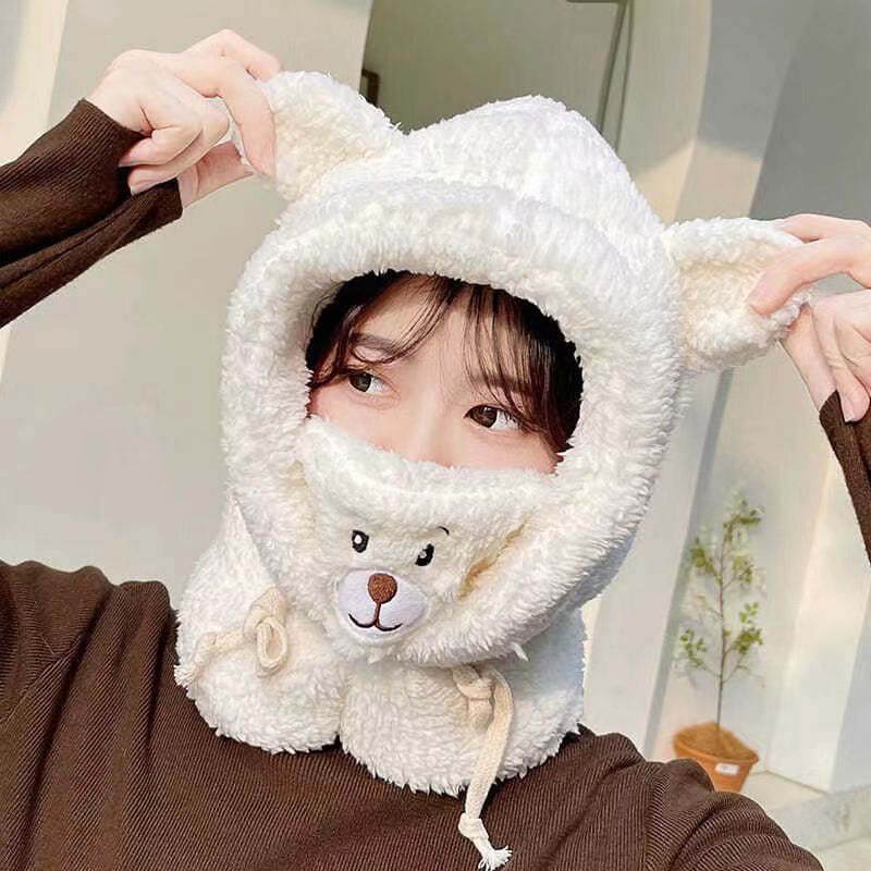 Sevimli Ayı Beyaz Peluş Şapka Peluş Bere Ayıcıklı Şapka Boyunluk Ayarlanabilir Kopçeli
