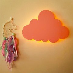 Led Işıklı Ahşap Pembe Bulut Duvar Lambası Pano