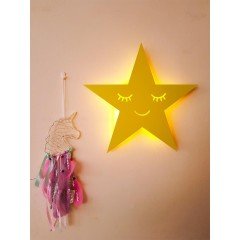 Led Işıklı Ahşap Sarı Yıldız Duvar Lambası Pano