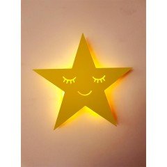 Led Işıklı Ahşap Sarı Yıldız Duvar Lambası Pano