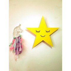 Led Işıklı Ahşap Sarı Yıldız Duvar Lambası Pano