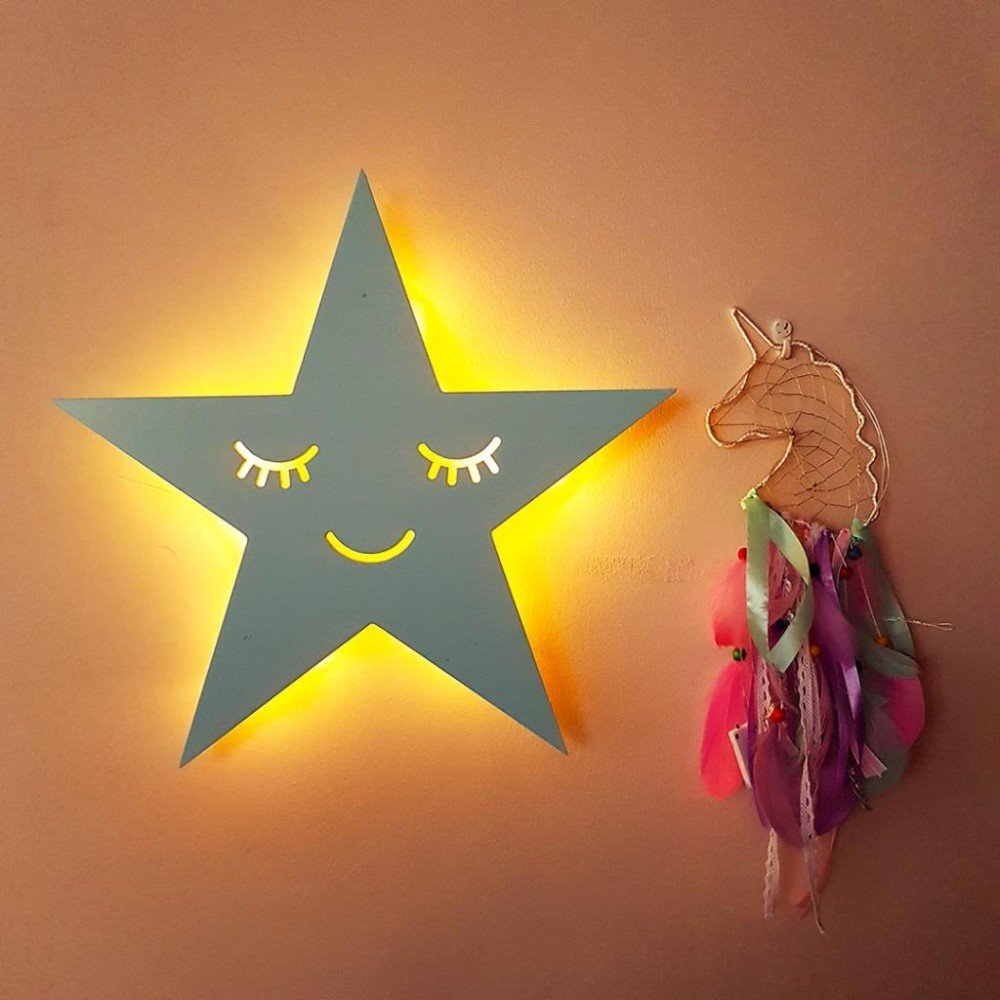Led Işıklı Ahşap Mavi Yıldız Duvar Lambası Pano