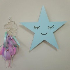 Led Işıklı Ahşap Mavi Yıldız Duvar Lambası Pano