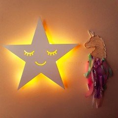 Led Işıklı Ahşap Beyaz Yıldız Duvar Lambası Pano