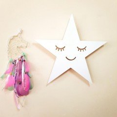 Led Işıklı Ahşap Beyaz Yıldız Duvar Lambası Pano