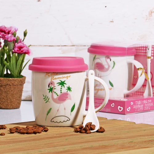 Kapaklı Kaşıklı Porselen Kupa Flamingo Temalı