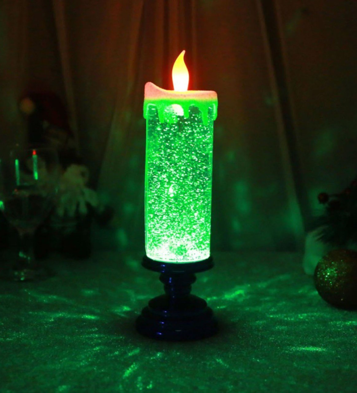 Kar Küresi Dekoratif Şamdan Tasarımlı Mavi Kar Küresi Led Lamba 26 Cm