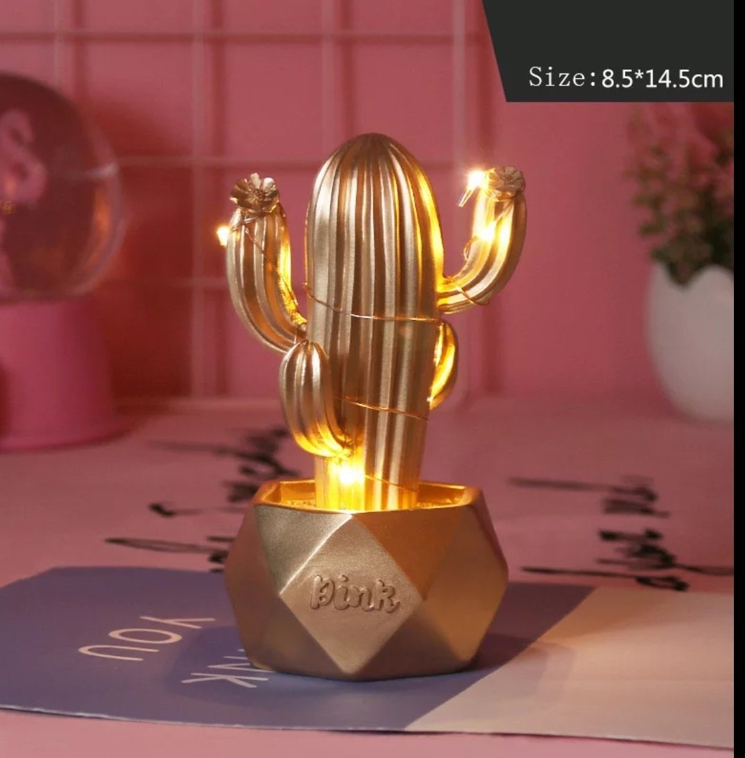 Led Işıklı Altın Kaktüs Tasarım Biblo